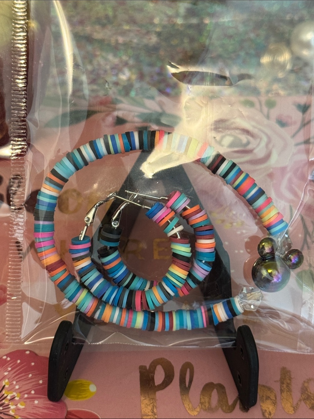 Multicolor Bead Hoop earrings/ bracelet— Vibrant Blue Pink Orange Green set